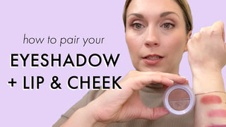 Image of Pauline showing Subtl Beauty's travel makeup lip and cheek with matching swatches of the stackable makeup on arm