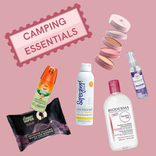 Image of camping essentials to pair with Subtl Beauty's travel makeup kit. The image shows wipes for women, sunscreen, off bug spray, makeup remover and hand sanitizer.
