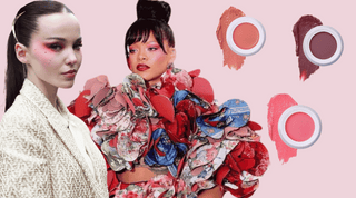 Travel Makeup 2024 Blush Trends; Pictured: Dove Cameron and Rihanna Sporting Bright Blush and Unique Techniques