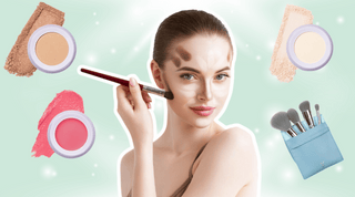Woman trying the underpainting trend; around her are Subtl Beauty travel size makeup products like our Lip & Cheek, 4-Piece Brush Set, Bronzer, and Highlighter