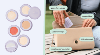 Woman showing the pros of the best beginner makeup kit: Subtl Beauty's Starter Stak. This stackable makeup kit includes Bronzer, Lip & Cheek, Concealer, Highlighter, and Shine Control Pressed Powder.