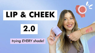 Image of Woman showing Subtl Beauty's lip and cheek switches for their travel makeup kit. The text reads "lip and cheek 2.0, trying every shade!"